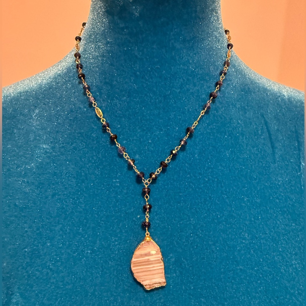 Handmade Blue and Gold Filigree Beaded Drop Pendant Necklace w/ Polished Agate